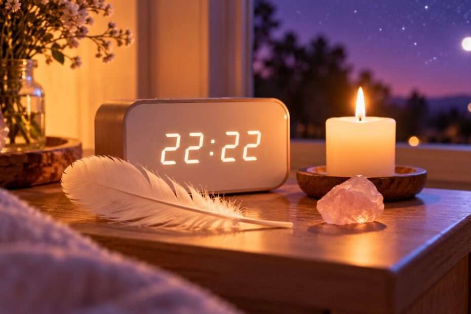 222 significado espiritual: amor, chama gêmea e o que fazer 1 Relógio digital marcando 22:22 ao lado de vela, pena branca e quartzo-rosa