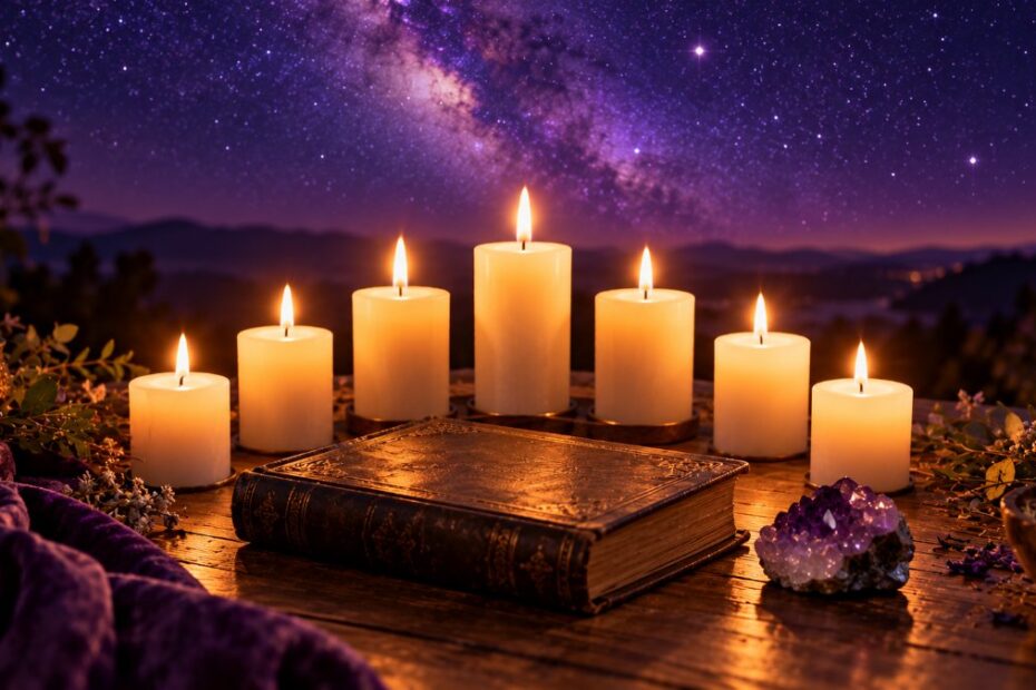 777 significado espiritual: amor, numerologia e o 7 bíblico 1 Sete velas acesas sob céu estrelado roxo, com livro antigo e ametista