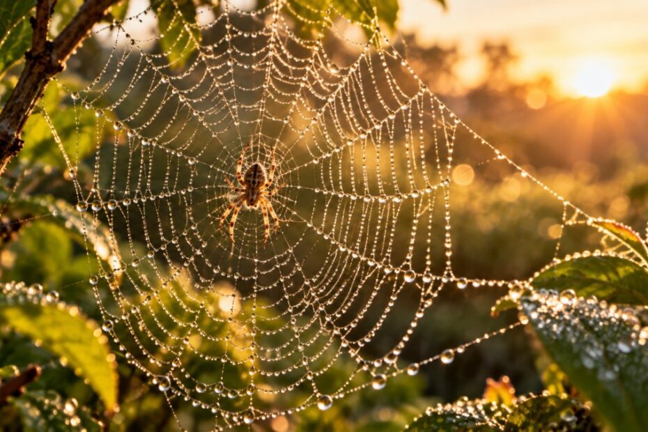 Aranha: significado espiritual, em casa, preta, teia e o cuidado real 1 Teia de aranha com orvalho