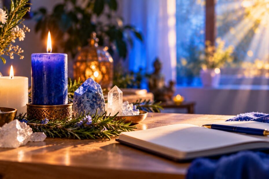Arcanjo Miguel 21 dias: como fazer a limpeza, passo a passo 1 Altar doméstico com vela azul acesa, quartzo azul, alecrim e caderno aberto