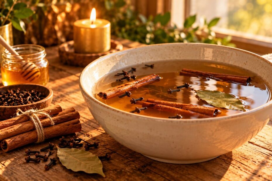 Banho de canela: para que serve, como fazer e cuidados 1 Bacia de cerâmica com água de banho de canela, paus de canela, cravos e vela acesa