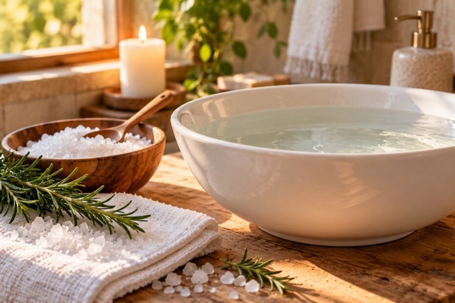 Banho de sal grosso: para que serve, como fazer e cuidados 1 Bacia branca com água, tigela de sal grosso, alecrim e toalha de linho
