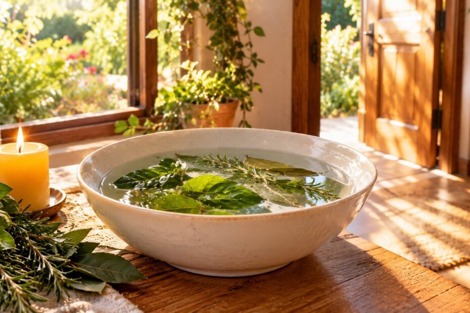 Banho para abrir caminhos: 4 receitas de ervas e cuidados 1 Bacia com água e folhas de manjericão, alecrim e louro junto a janela aberta
