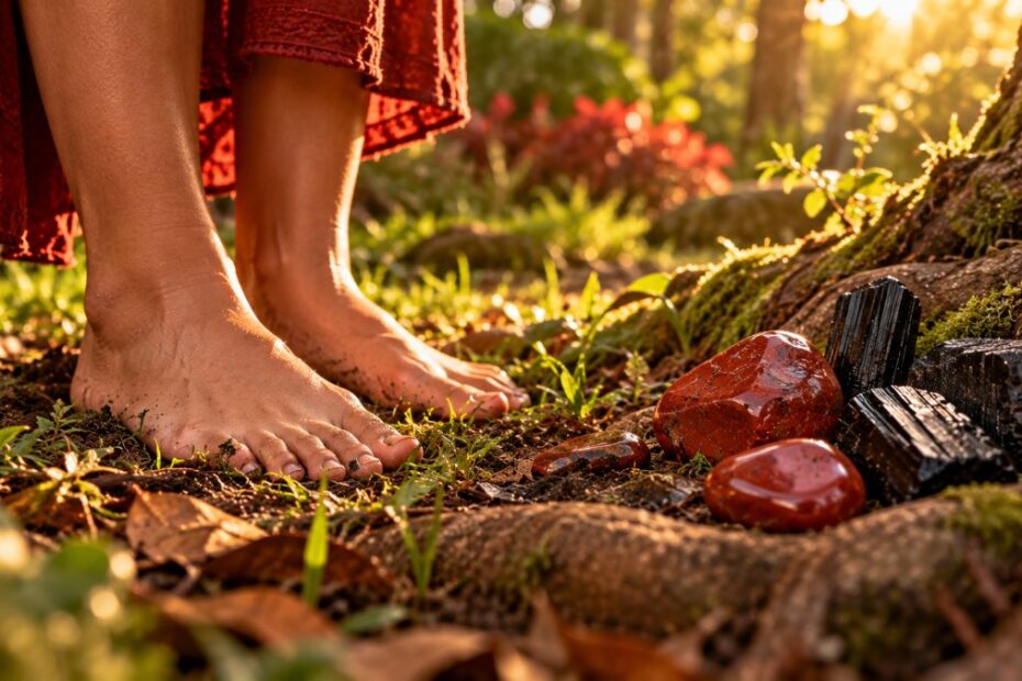 Chakra básico: significado, onde fica, bloqueado, hipoativo, hiperativo e como equilibrar 1 Pés descalços na terra do jardim ao lado de jaspe vermelho e turmalina negra sobre uma raiz