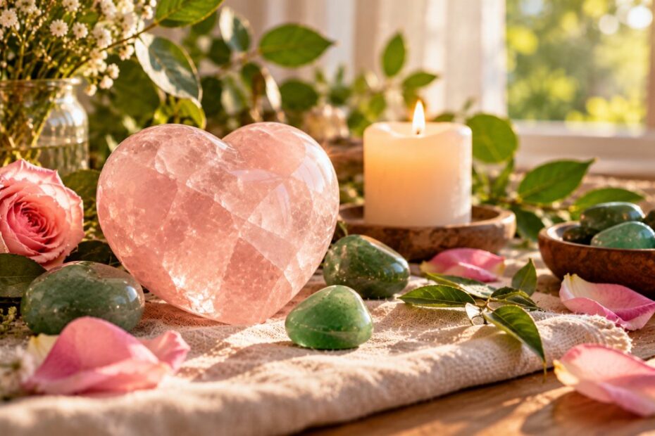 Chakra cardíaco: significado, onde fica, cor e sinais de desequilíbrio 1 Quartzo-rosa em forma de coração com aventurinas verdes, vela e pétalas de rosa