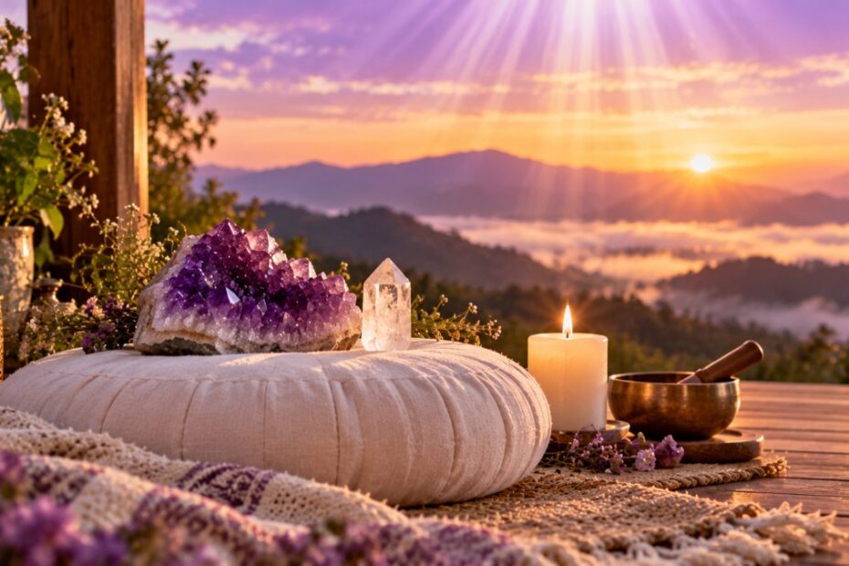 Chakra coronário: significado, onde fica, cor e sinais de desequilíbrio 1 Ametista e quartzo branco sobre almofada branca com céu violeta ao amanhecer