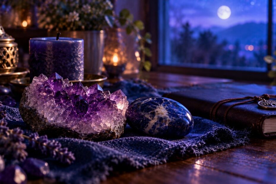 Chakra frontal: significado, cor, sinais de desequilíbrio e como equilibrar 1 Ametista bruta e sodalita polida sobre linho índigo, com vela e caderno à luz azul da noite