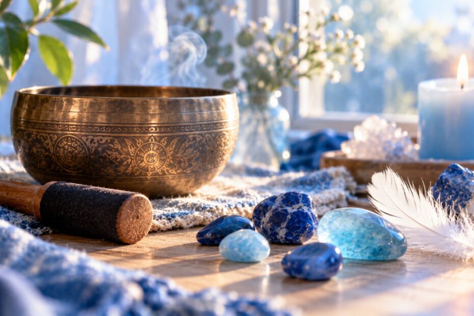 Chakra laríngeo: significado, onde fica, cor e sinais de desequilíbrio 1 Taça tibetana, pedras azuis de sodalita e água-marinha, pena branca e vela azul-clara