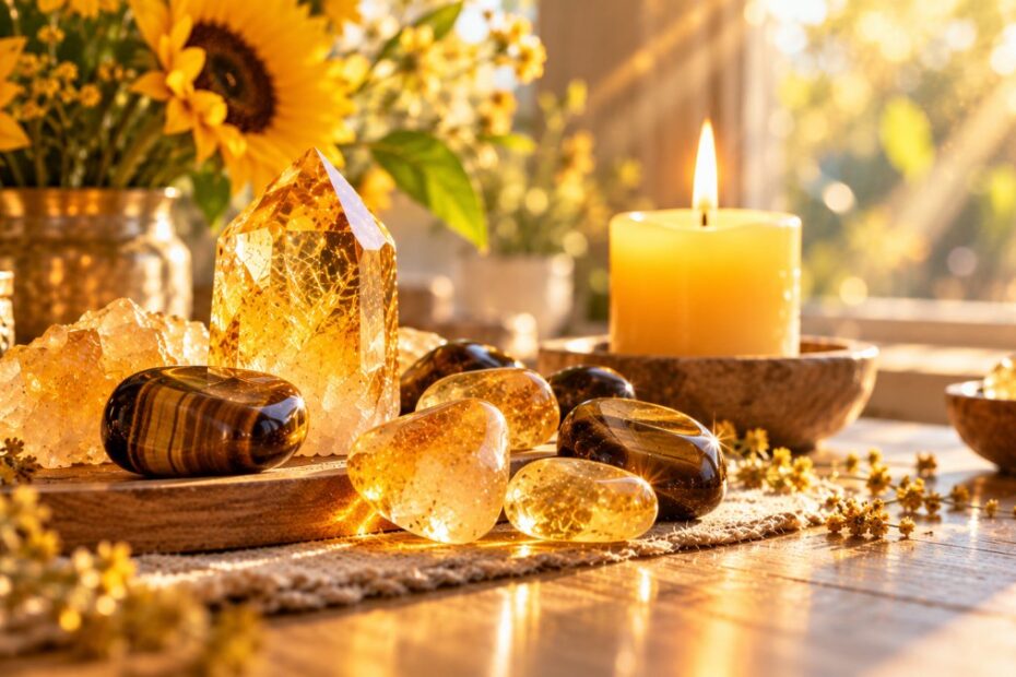 Chakra do plexo solar: significado, onde fica, hipoativo, hiperativo e bloqueado 1 Pedras de citrino e olho de tigre, vela amarela e girassóis ao sol da manhã