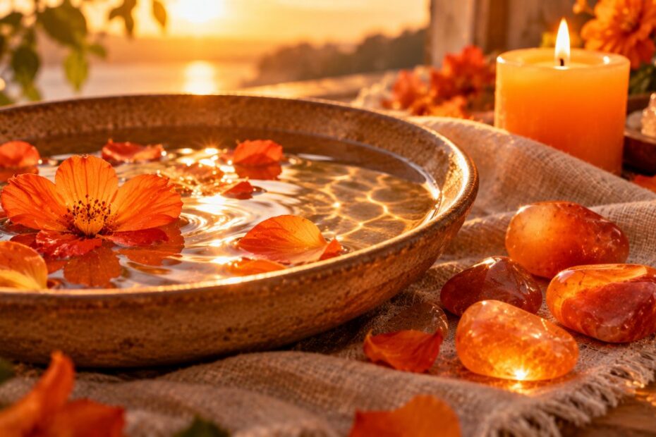 Chakra sacral: significado, onde fica, sinais de desequilíbrio e como ativar 1 Tigela de água com pétalas laranja, pedras de cornalina e vela laranja ao pôr do sol