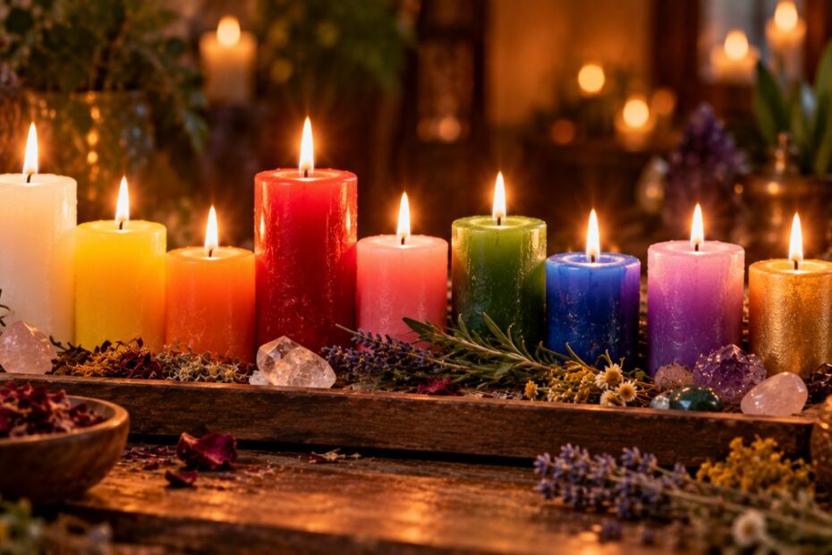 Cores das velas e seus significados: guia completo e seguro 1 Fileira de velas acesas de várias cores sobre bandeja de madeira com ervas e cristais