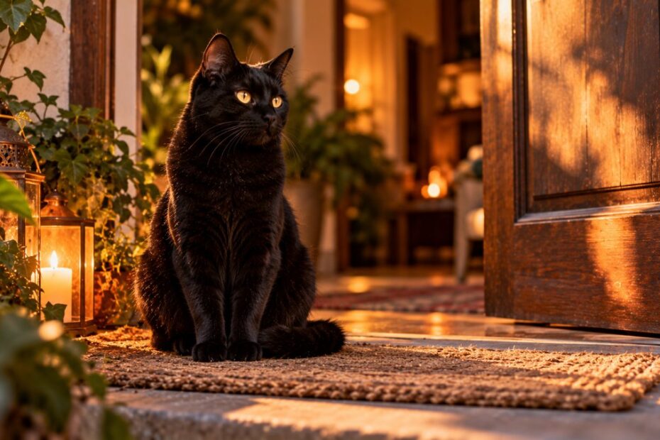 Gato preto: significado espiritual, superstição e o que a Bíblia diz 1 Gato preto de olhos âmbar sentado diante de uma porta entreaberta, com lanterna e plantas