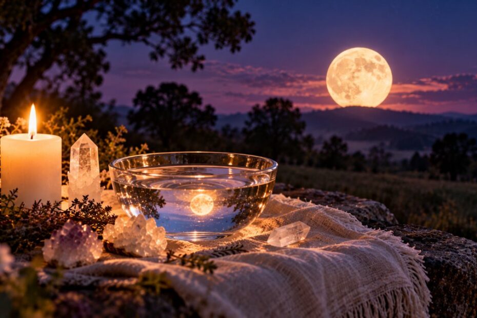 Lua cheia: significado espiritual, rituais simples e cuidados 1 Lua cheia sobre campo noturno, com tigela de água, cristais e vela acesa