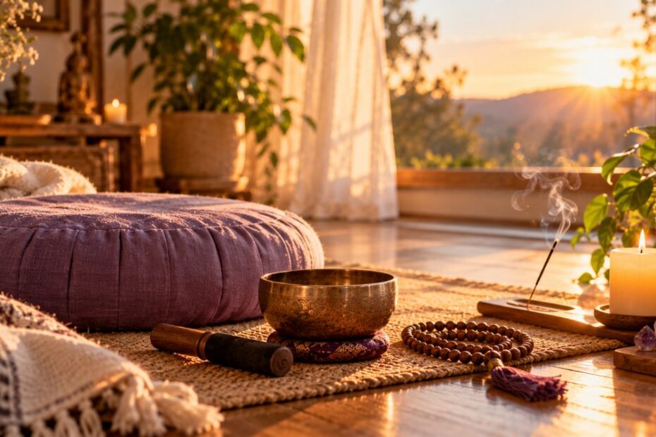 Mantra OM: significado, como entoar e os mantras mais buscados 1 Espaço de meditação com almofada lilás, tigela tibetana, japamala e incenso