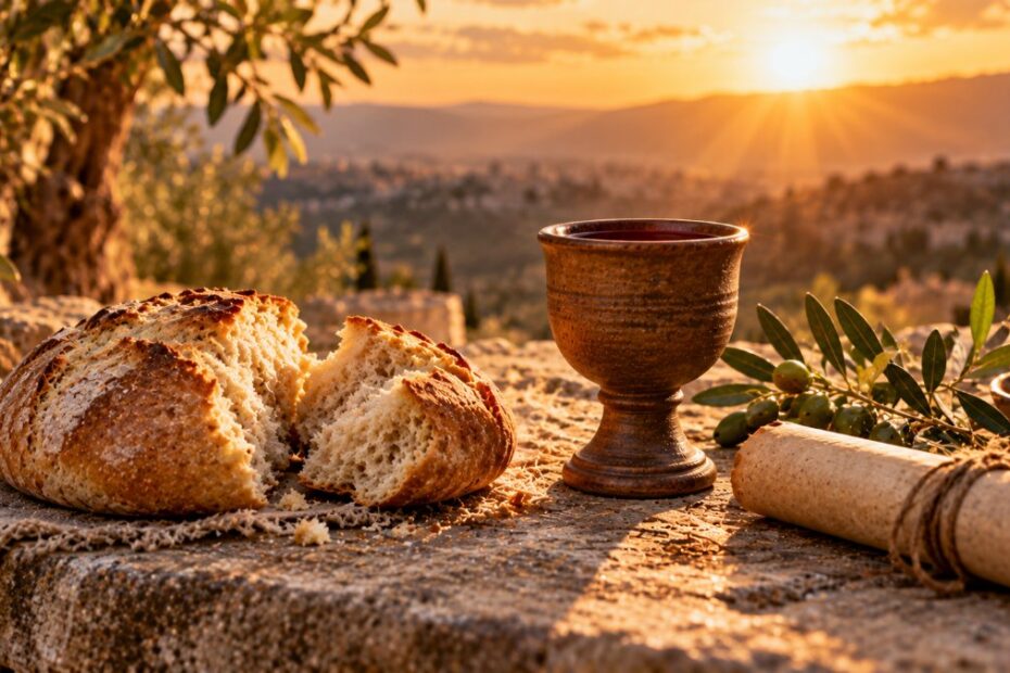 Melquisedeque: quem foi, o que a Bíblia diz e o significado do nome 1 Pão partido e cálice de vinho sobre mesa de pedra ao pôr do sol com colinas