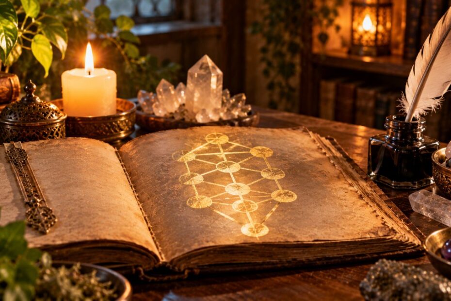 Numerologia cabalística: como calcular o nome e o significado dos números 1 Livro antigo aberto com diagrama da Árvore da Vida em dourado, vela e pena