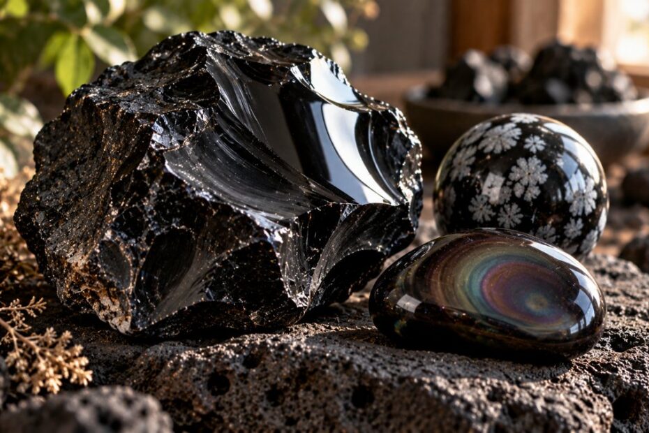 Obsidiana: significado, tipos e os cuidados com as bordas afiadas 1 Obsidiana negra bruta, esfera de obsidiana floco de neve e obsidiana arco-íris sobre pedra vulcânica