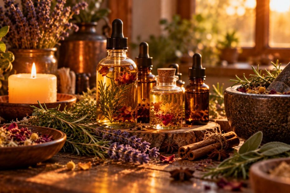 Óleos mágicos: o que são, como fazer e usar com segurança 1 Frascos de óleo com ervas, pilão, alecrim, lavanda, canela e vela acesa