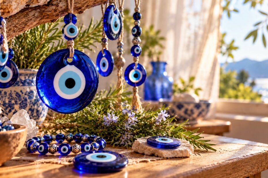 Olho grego: significado, origem, cores e como usar 1 Amuletos de olho grego azul pendurados e pulseira sobre mesa de madeira junto à janela