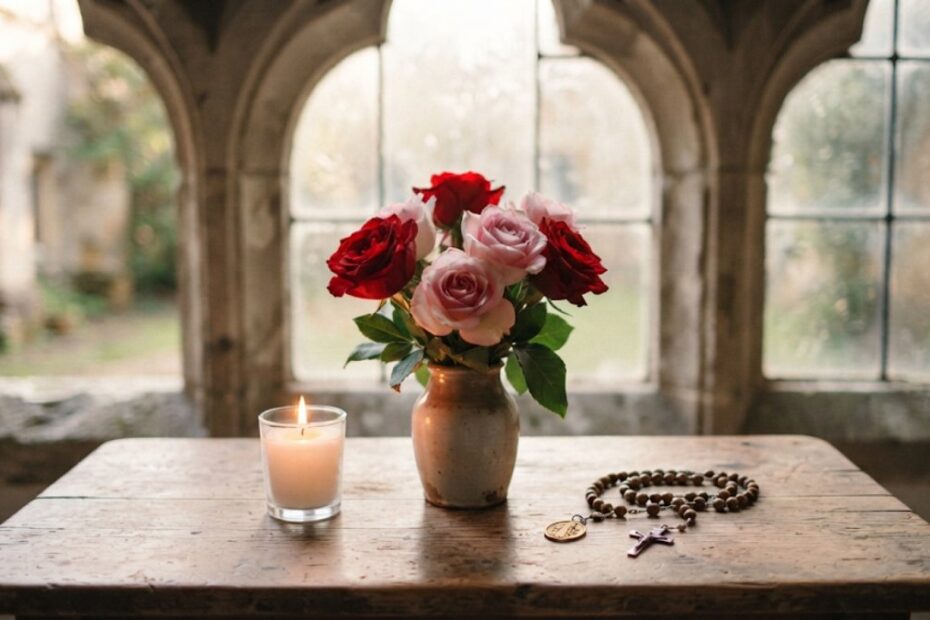 Oração de Santa Rita de Cássia: 5 orações para causas impossíveis e graças urgentes 1 Rosas vermelhas e cor-de-rosa num vaso com terço e vela branca diante de janelas de pedra em arco