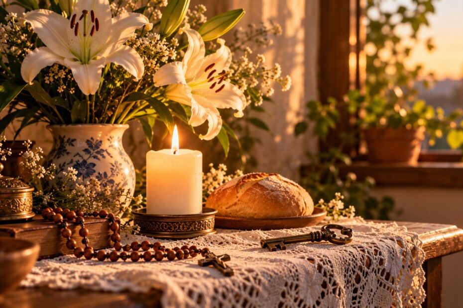 Oração de Santo Antônio: 5 orações para achar o que se perdeu, o amor e uma graça 1 Altar doméstico com vela acesa, lírios brancos, terço, pãozinho e chave antiga
