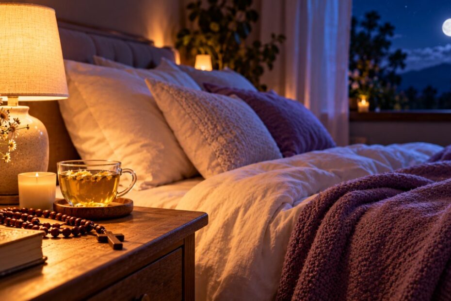 Oração para dormir: 5 orações curtas para uma noite de paz 1 Quarto aconchegante à noite com abajur, terço e xícara de chá no criado-mudo