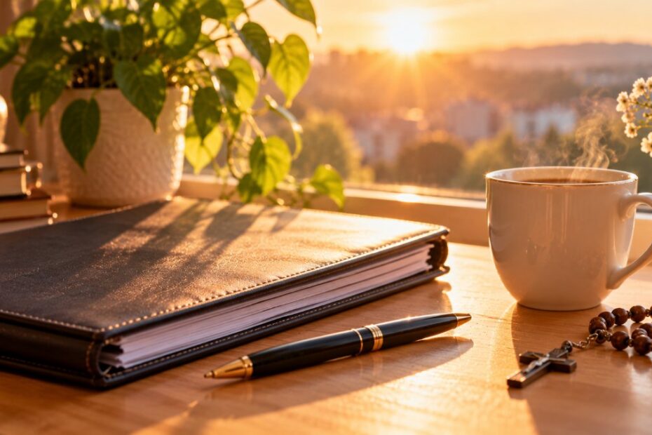 Oração para emprego: 7 orações curtas e um roteiro prático de busca 1 Mesa de trabalho com pasta de currículo, café, terço e planta à luz do nascer do sol