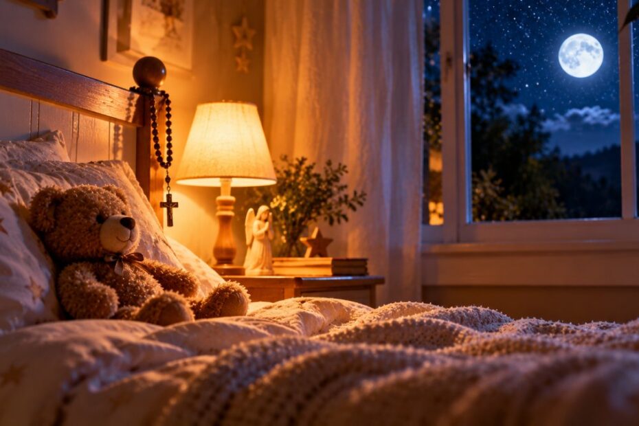 Oração para os filhos: 6 orações curtas de proteção e carinho 1 Quarto infantil à noite com cama, ursinho, abajur aceso e terço na cabeceira
