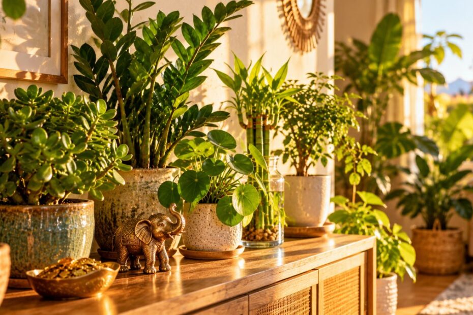 Plantas que atraem dinheiro: lista, nomes, cuidados e onde colocar 1 Sala clara com jade, zamioculca, pilea, bambu-da-sorte e árvore-da-felicidade em vasos