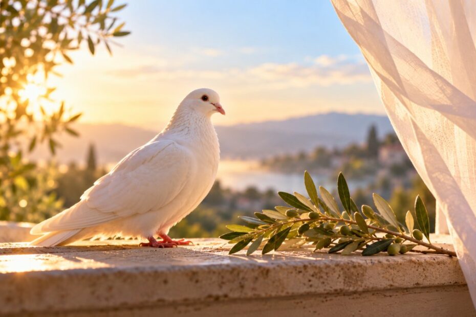 Pomba branca: significado espiritual, bíblico e o que fazer quando ela aparece 1 Pomba branca pousada no parapeito de uma janela com ramo de oliveira à luz da manhã