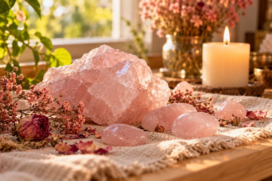 Quartzo rosa: significado, para que serve e como limpar e energizar 1 Quartzo rosa bruto e rolado sobre linho creme com flores secas e vela