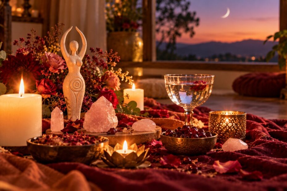 Sagrado feminino: o que é, significado e como começar 1 Altar com velas, flores vermelhas, taça de água e cristais sobre tecido vinho, com lua crescente