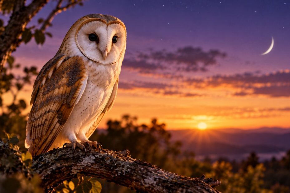 Significado espiritual da coruja: sabedoria, intuição e o mito do agouro 1 Coruja suindara pousada num galho ao entardecer, com lua crescente ao fundo