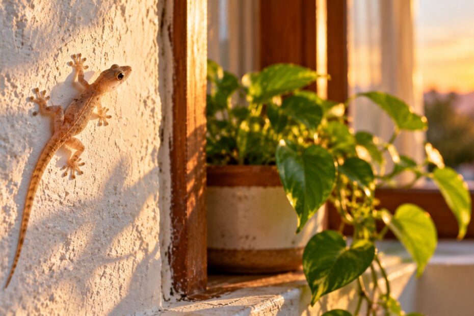 Significado espiritual da lagartixa: regeneração, proteção da casa e o que dizem as crenças 1 Lagartixa clara numa parede caiada ao lado de uma janela com planta, à luz do fim de tarde
