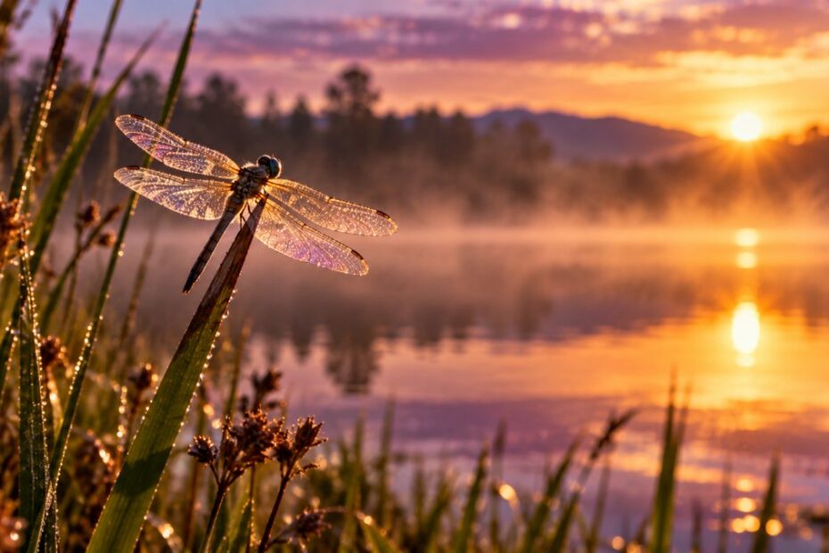 Significado espiritual da libélula: transformação, amor e o que fazer em casa 1 Libélula de asas iridescentes pousada num junco à beira de um lago ao amanhecer