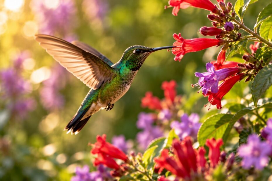 Significado espiritual do beija-flor: o que ele simboliza e o que fazer 1 Beija-flor verde pairando junto a flores vermelhas e lilás na luz da manhã