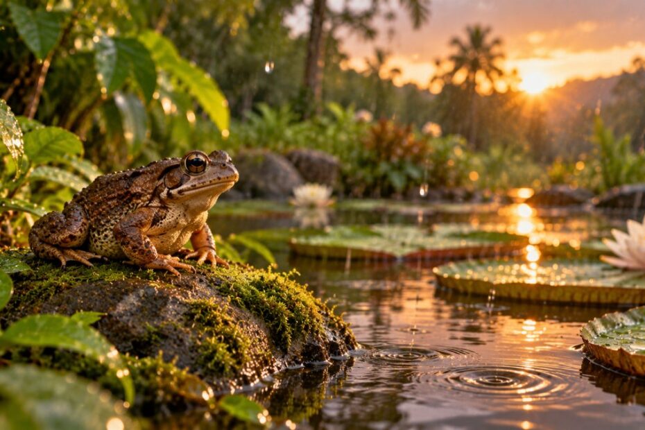 Significado espiritual do sapo: transformação, chuva e o cuidado com o sapo-cururu 1 Sapo-cururu sobre pedra musgosa à beira de um lago com vitórias-régias depois da chuva