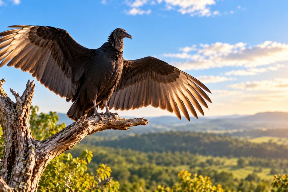 Significado espiritual do urubu: limpeza, renovação e o mito do mau agouro 1 Urubu-de-cabeça-preta de asas abertas num galho seco ao sol da manhã