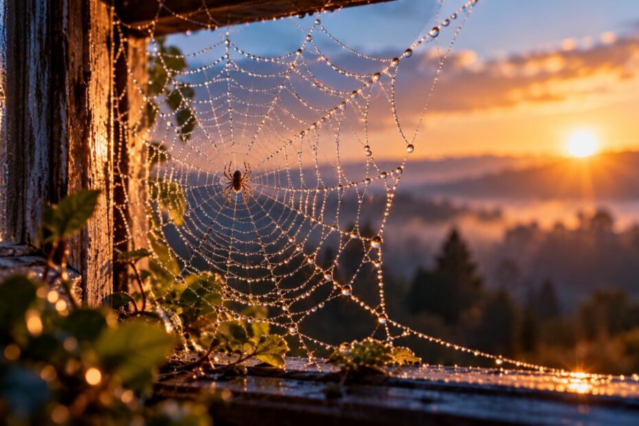 Sonhar com aranha: grande, preta, atacando, armadeira e o que significa 1 Teia de aranha com gotas de orvalho no canto de uma janela ao amanhecer