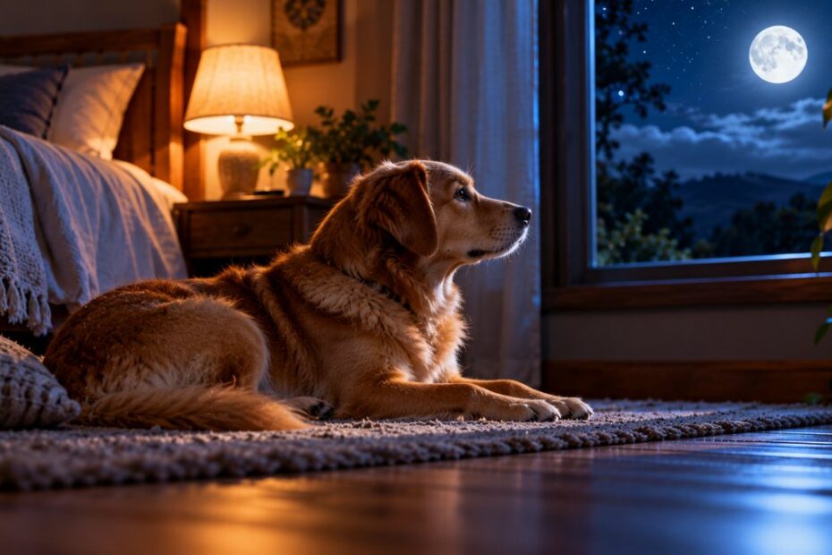 Sonhar com cachorro: o que significa, bravo, mordendo, preto, branco e filhote 1 Cachorro caramelo deitado ao pé da cama olhando a lua cheia pela janela