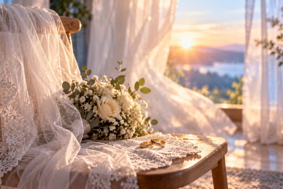Sonhar com casamento: o que significa, morte, de outra pessoa, na Bíblia 1 Véu de noiva, buquê branco e alianças douradas numa sala com cortinas ao amanhecer
