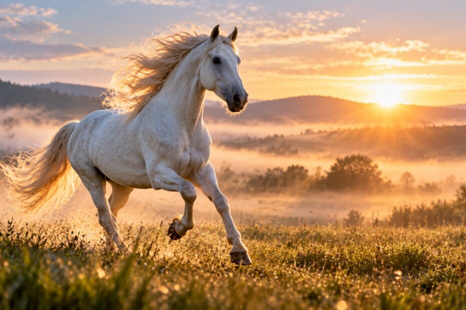 Sonhar com cavalo: o que significa, branco, preto, marrom, correndo e morto 1 Cavalo branco galopando livre num campo com neblina ao amanhecer
