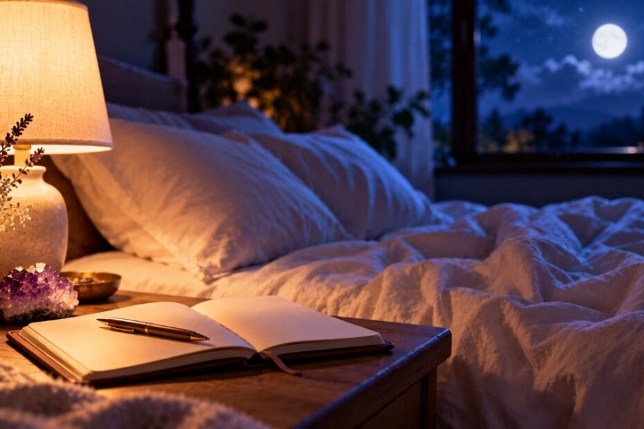 Sonhar com dente caindo: o que significa, morte, gravidez e sentido espiritual 1 Quarto em penumbra de madrugada com abajur aceso e caderno de sonhos no criado-mudo