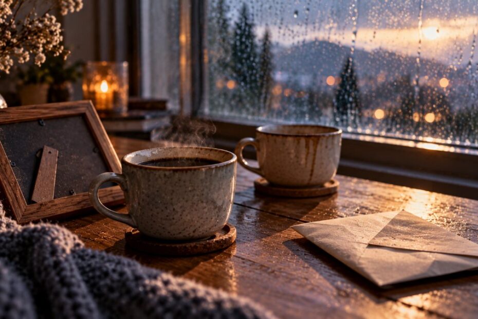 Sonhar com ex: o que significa, ex namorado, ex marido, ex mulher e todo dia 1 Duas xícaras de café junto à janela com chuva, porta-retratos virado e uma carta dobrada