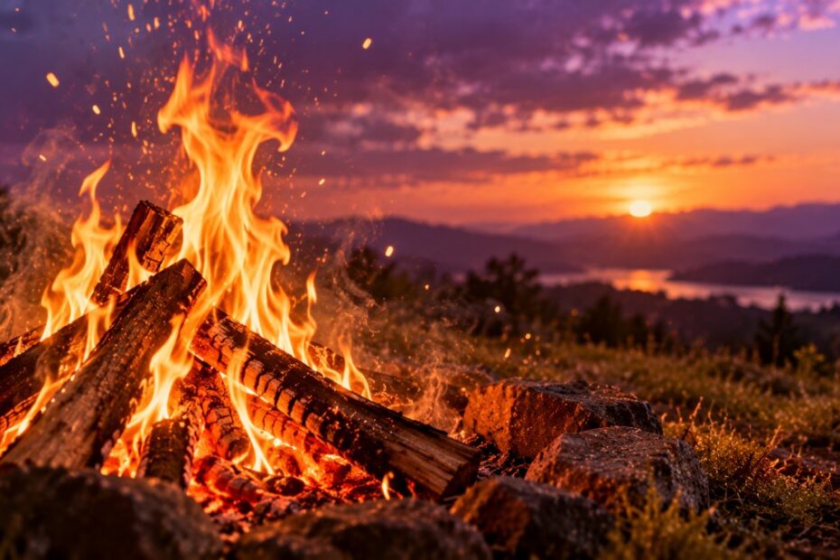 Sonhar com fogo: o que significa, casa pegando fogo, incêndio, fogos de artifício 1 Fogueira num campo ao entardecer com faíscas subindo para o céu lilás
