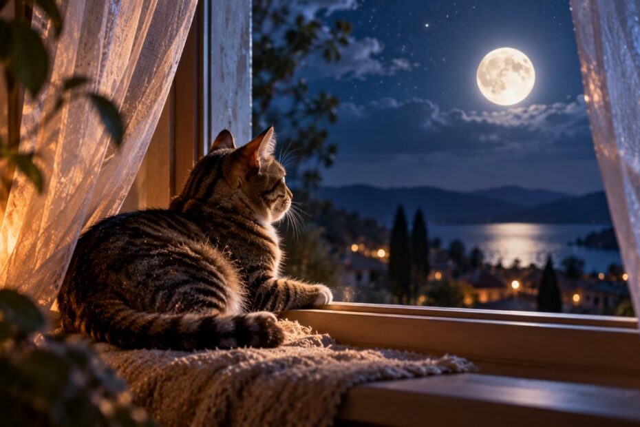 Sonhar com gato: o que significa, filhote, preto, laranja, morto e atacando 1 Gato malhado no parapeito da janela olhando a lua cheia numa noite azulada