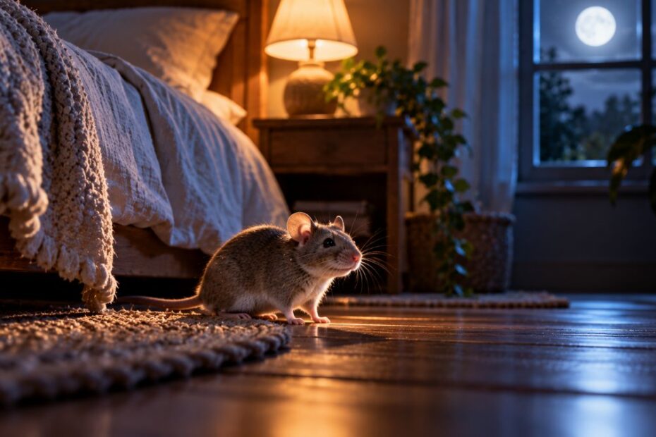 Sonhar com rato: o que significa, vivo, morto, dentro de casa e sentido espiritual 1 Ratinho cinza no assoalho ao lado da cama num quarto de madrugada com abajur e lua