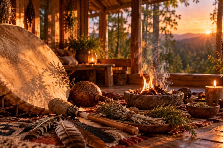 Terapia xamânica: o que é, como funciona uma sessão e cuidados 1 Cabana de madeira com tambor xamânico, maracá, penas, ervas secas e fogo em recipiente de pedra