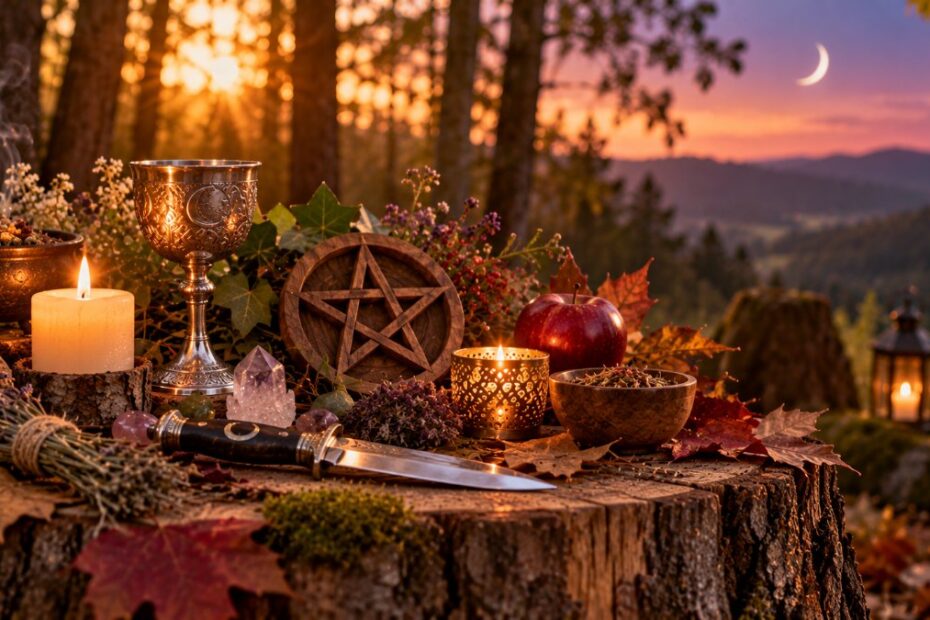 Wicca: o que é, em que acredita e a diferença para a bruxaria 1 Altar wiccano num bosque ao entardecer com cálice, pentáculo de madeira, velas e maçã